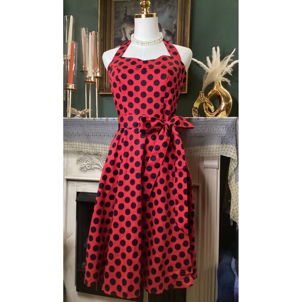 Topdress Red Black Polka Dot Halter Rockabilly Swing Dress Medium